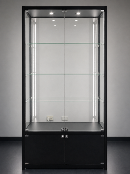 Glass Display Cabinet with LED Light (ELB) Black or Silver